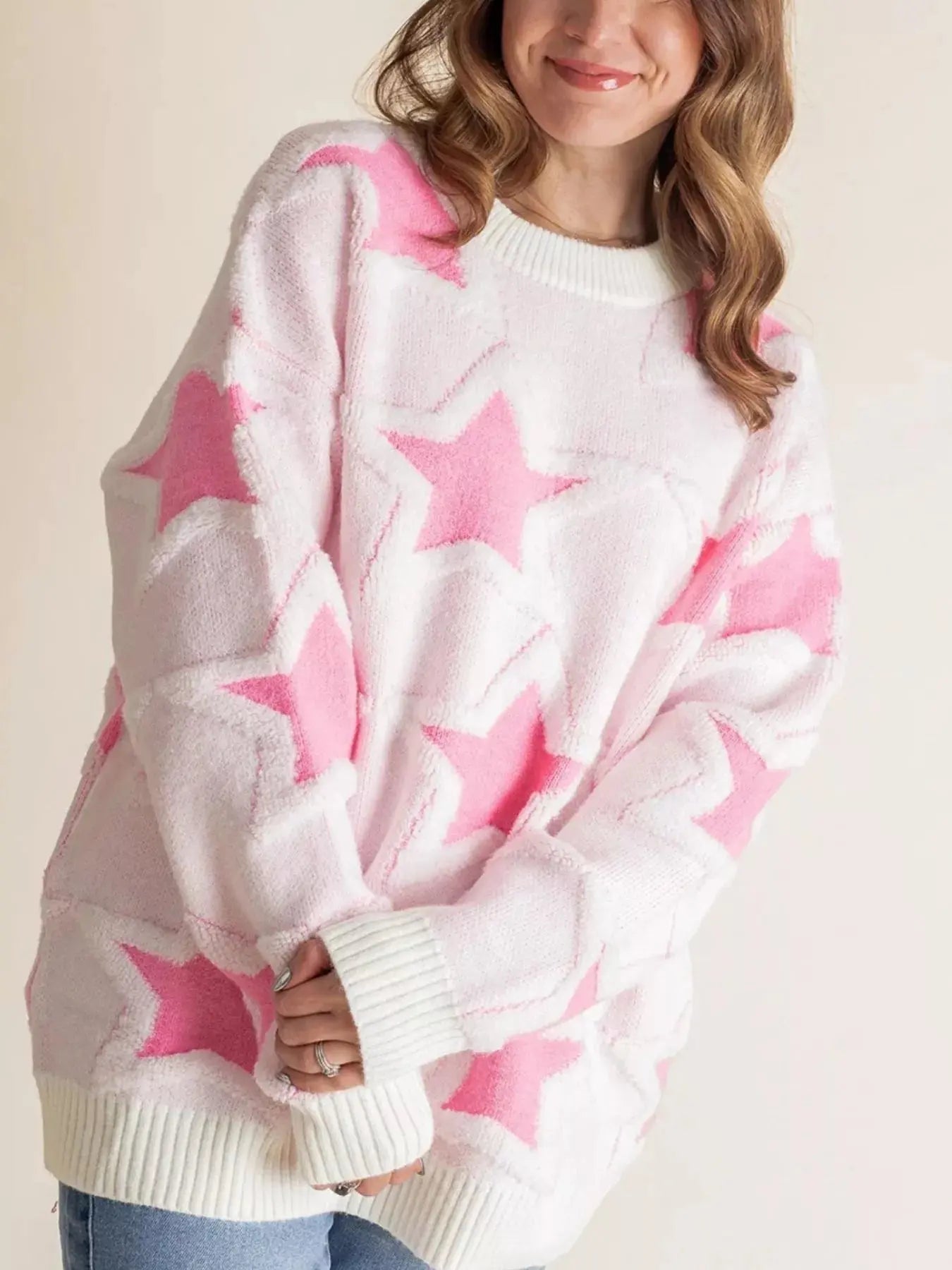 Oversized Star Pattern Ribbed Edge Drop Shoulder Sweater Trendsi