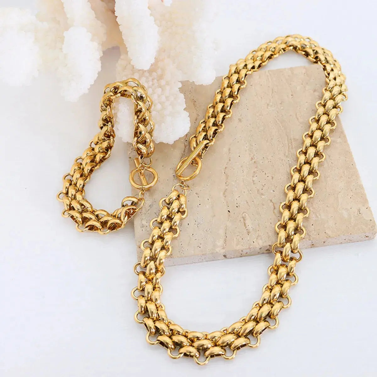 Gold Chain Link Jewelry Set with Necklace and Bracelet Trendsi
