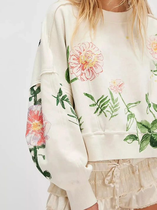 Printed Round Neck Dropped Shoulder Sweatshirt Trendsi