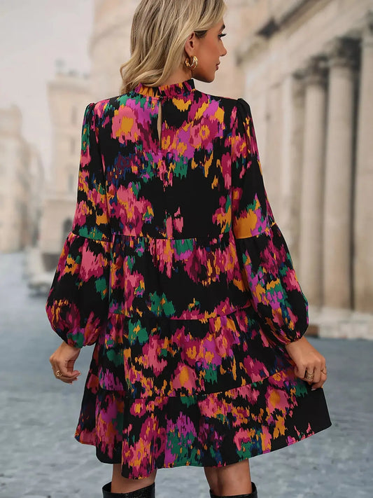 Printed Balloon Sleeve Mini Dress Trendsi