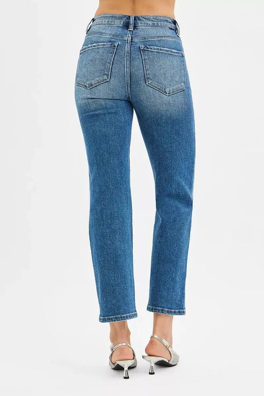 RISEN Tummy Control High Rise Crop Straight Jeans Trendsi