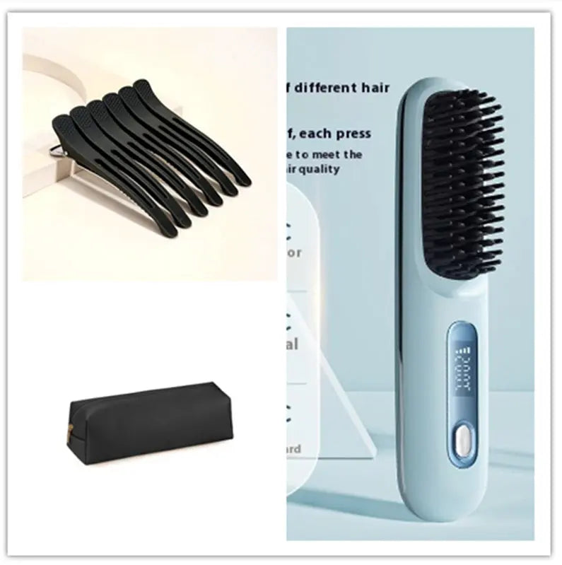 2 In 1 Straight Hair Comb Wireless Hair Straightener Brush Hair Fast Heating Portable Hot Curler USB Charging Easy Bazaar
