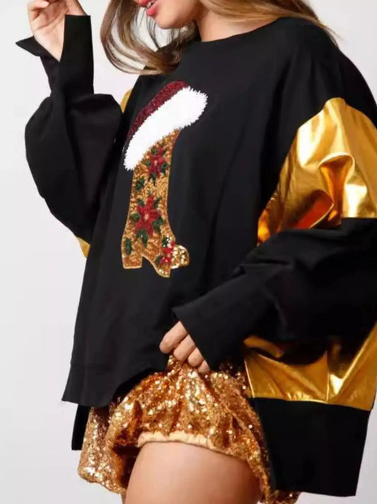 Christmas Sequin Boot Long Sleeve Sweatshirt Trendsi