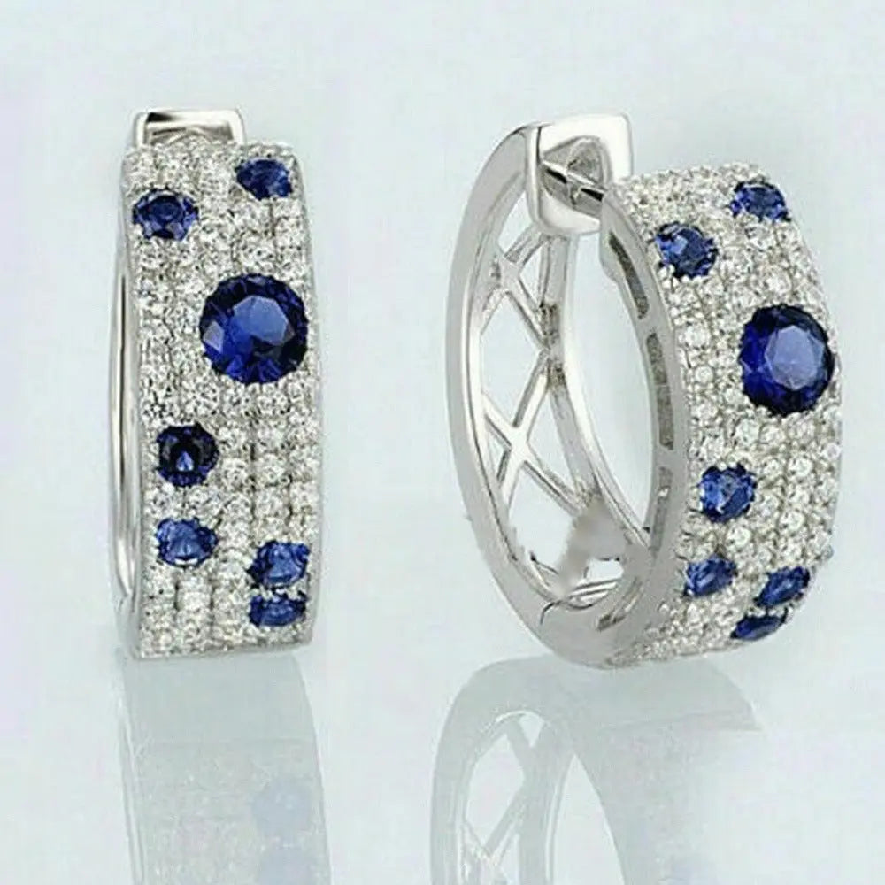Korean Style Blue White Earrings Round Micro Inlaid Zircon Exquisite Ear Clip Trendsi