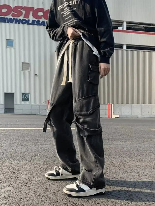 Men's Full Size Drawstring Wide Leg Cargo Jeans Plus Size Trendsi