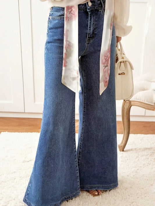 High Waist Button Zip Flare Leg Jeans Trendsi