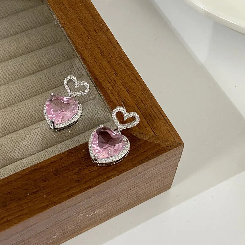 2023 New Light Luxury Premium Feeling Pink Crystal Heart Earrings For Women Girls Niche Design Earrings Birthday Jewellery Gift Easy Bazaar