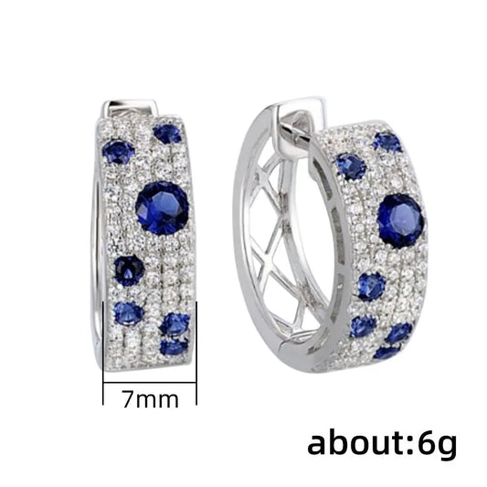Korean Style Blue White Earrings Round Micro Inlaid Zircon Exquisite Ear Clip Trendsi