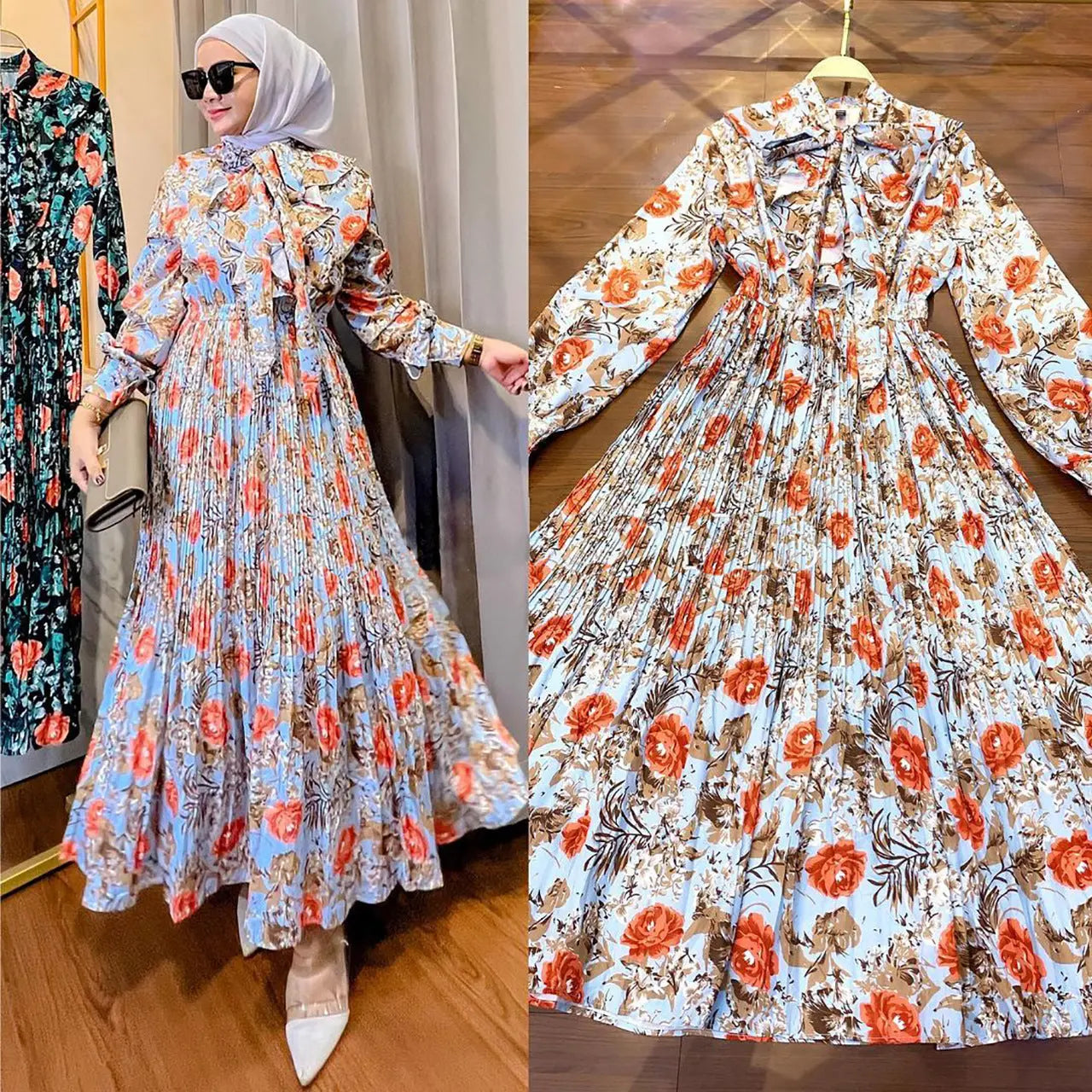 Muslim Malay Indonesian Ruffled Printed Dress Easy Bazaar