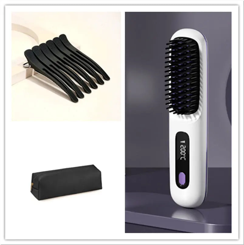 2 In 1 Straight Hair Comb Wireless Hair Straightener Brush Hair Fast Heating Portable Hot Curler USB Charging Easy Bazaar