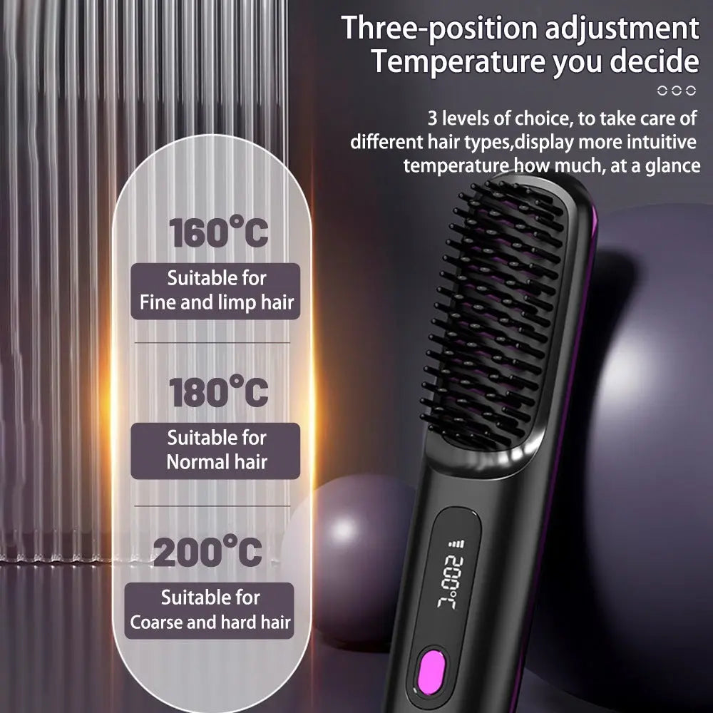 2 In 1 Straight Hair Comb Wireless Hair Straightener Brush Hair Fast Heating Portable Hot Curler USB Charging Easy Bazaar