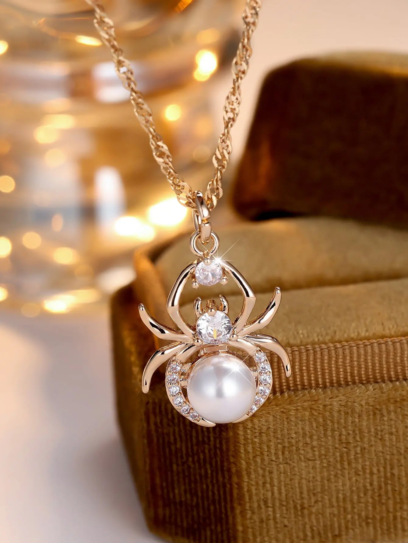 Champagne Gold Round White Diamond Pearl Spider Necklace Easy Bazaar