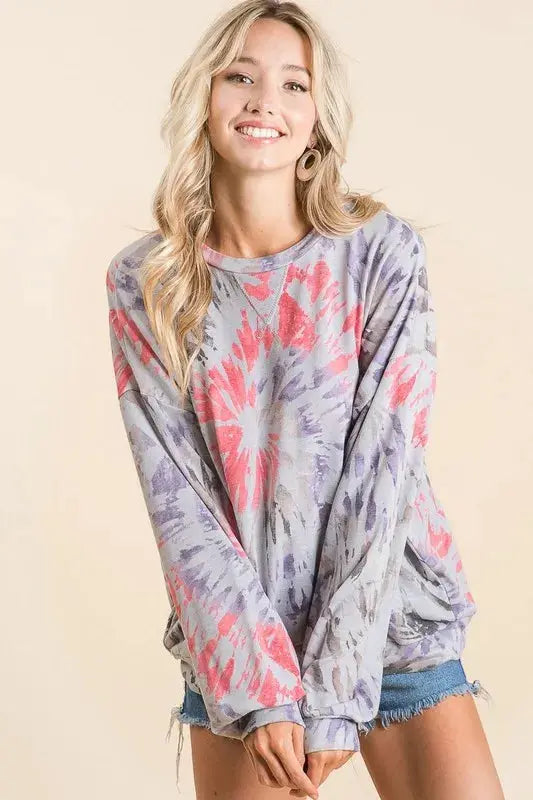BiBi Tie Dye Print Terry Pull Over Trendsi