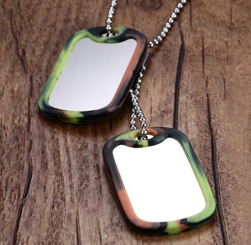Dog Tag Pendant Necklace featuring a stylish camouflage design on a wooden background.