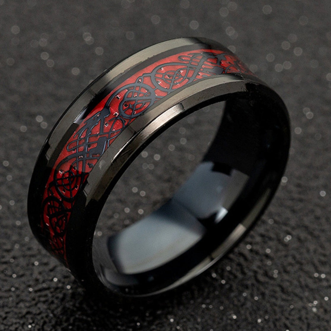Men's 8mm Red Carbon Fiber Black Celtic Dragon Tungsten Carbide Ring Men Comfort Fit Wedding Rings