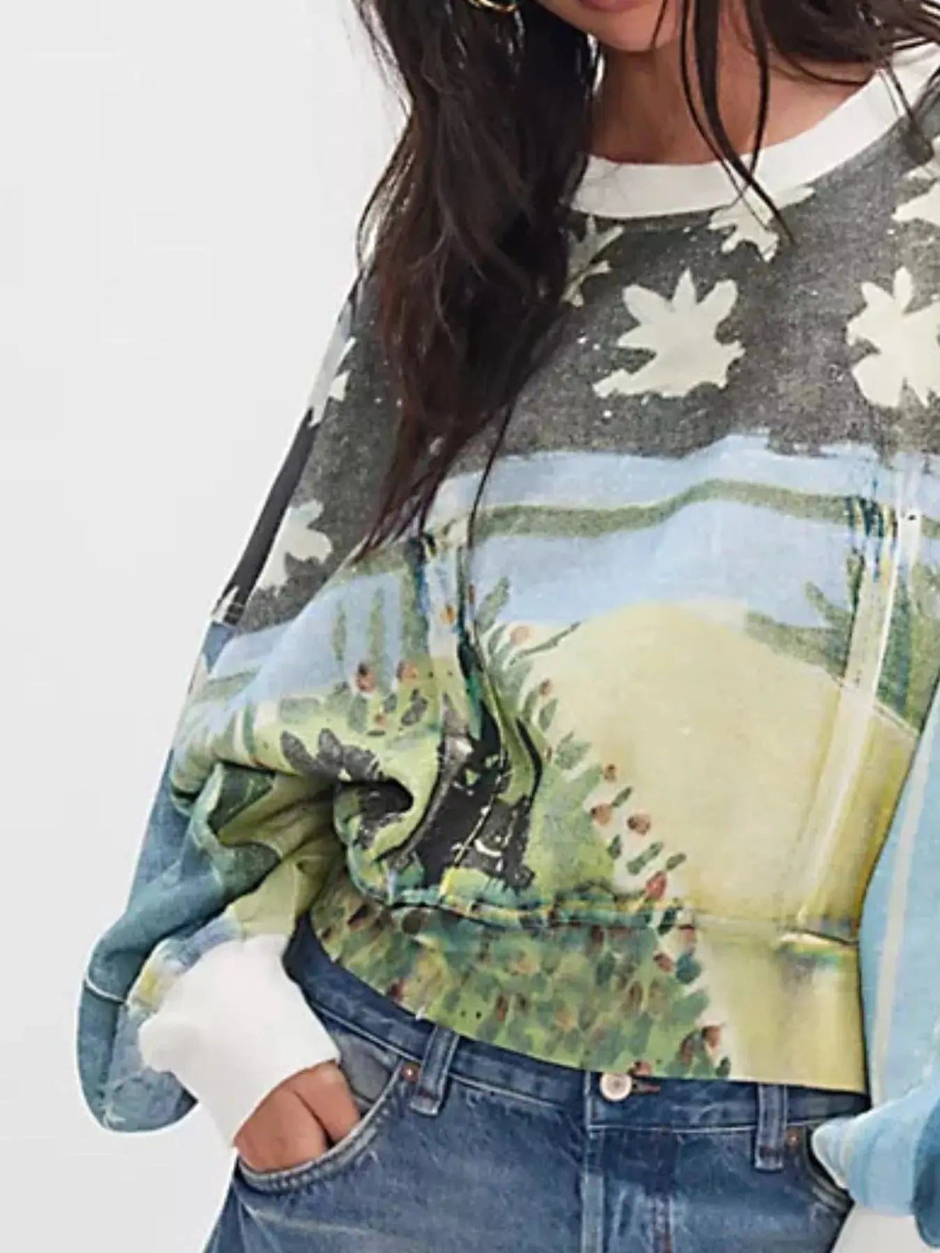 Printed Round Neck Dropped Shoulder Sweatshirt Trendsi