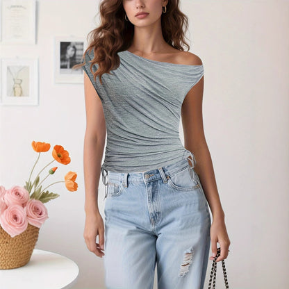 Women's T-Shirt Solid Color Waist Shirring Off-Shoulder Short Sleeve