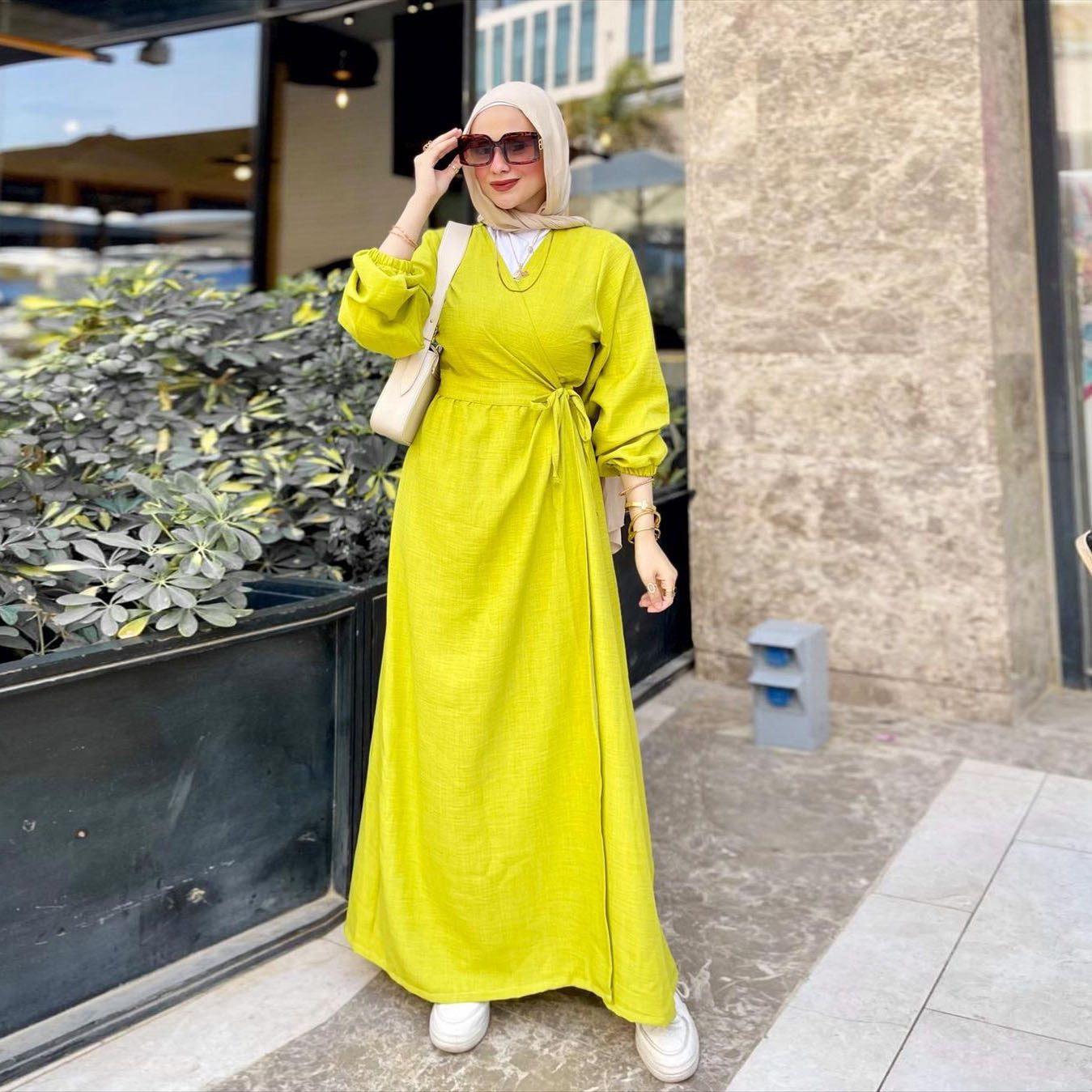 Loose Long Sleeve Belted Open Front Abaya Dress Elegant