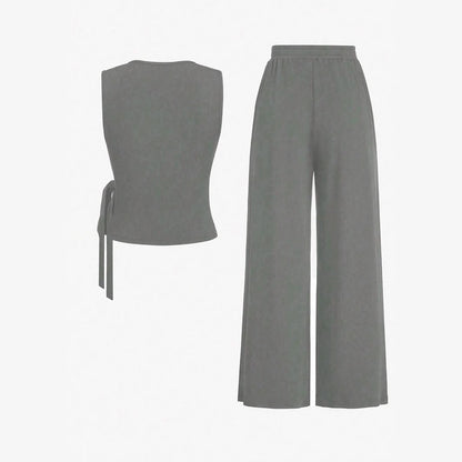 Women's Waist Tie Design Round Neckp with High Waist Casual Straight Leg Pants Two-Piece Set