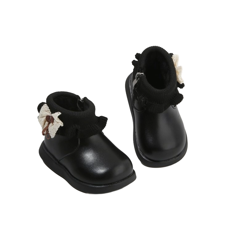 Baby boots with Fleece lining, featuring a cute flower accent and durable rubber sole for comfort and stability.