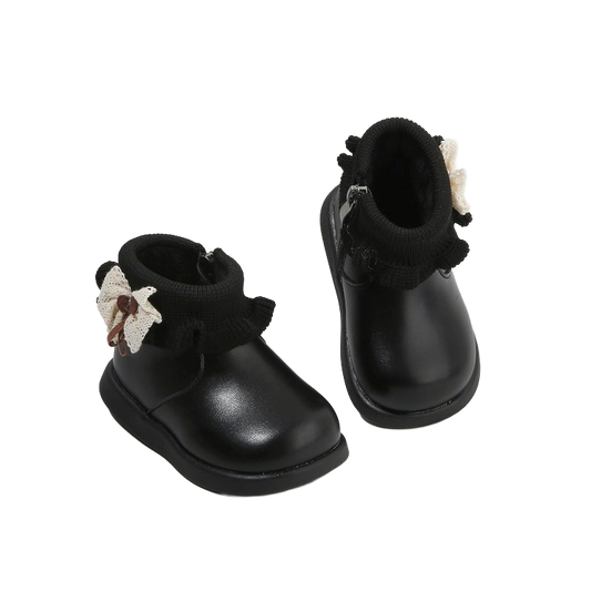 Baby boots with Fleece lining, featuring a cute flower accent and durable rubber sole for comfort and stability.