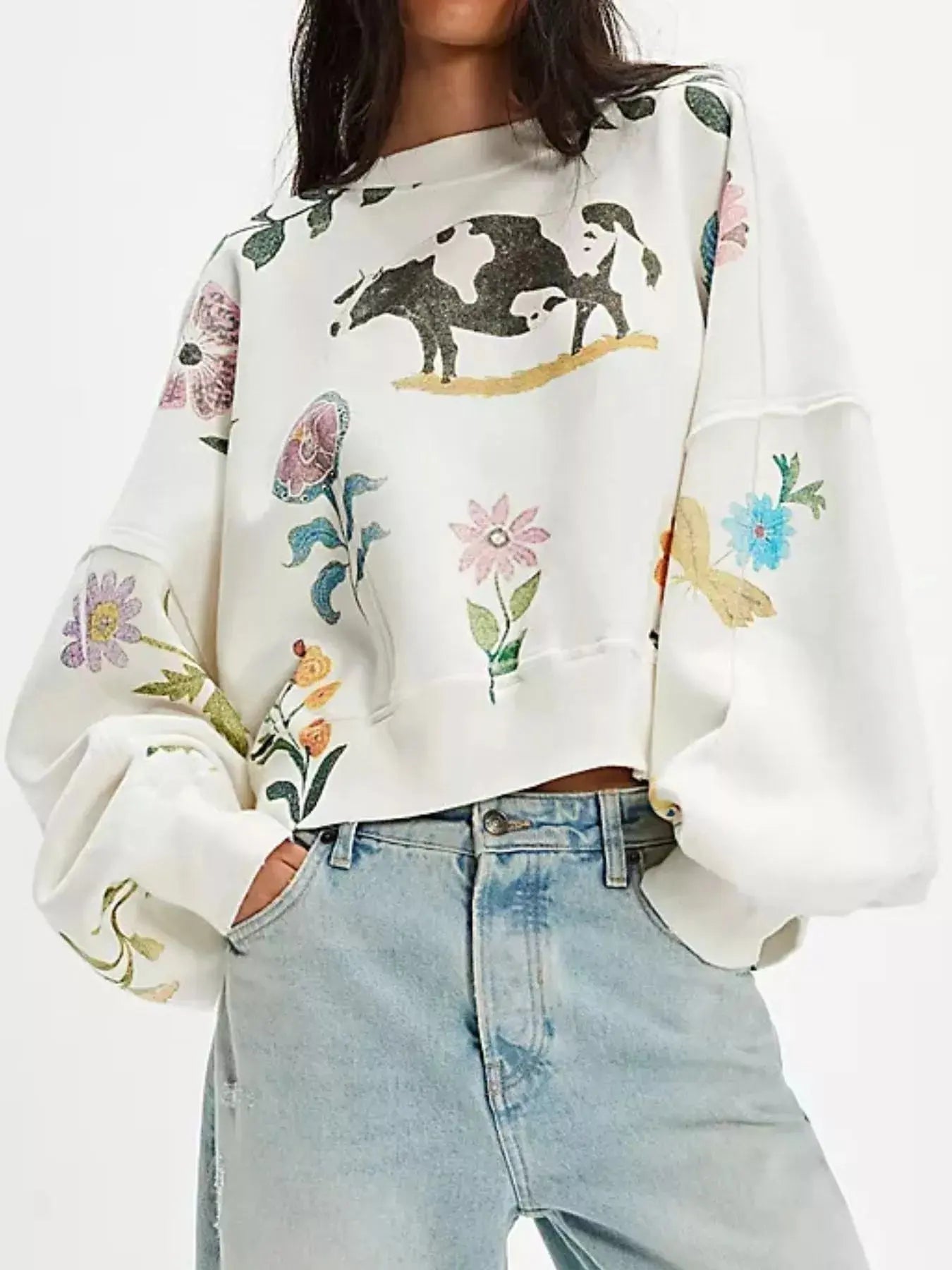 Printed Round Neck Dropped Shoulder Sweatshirt Trendsi