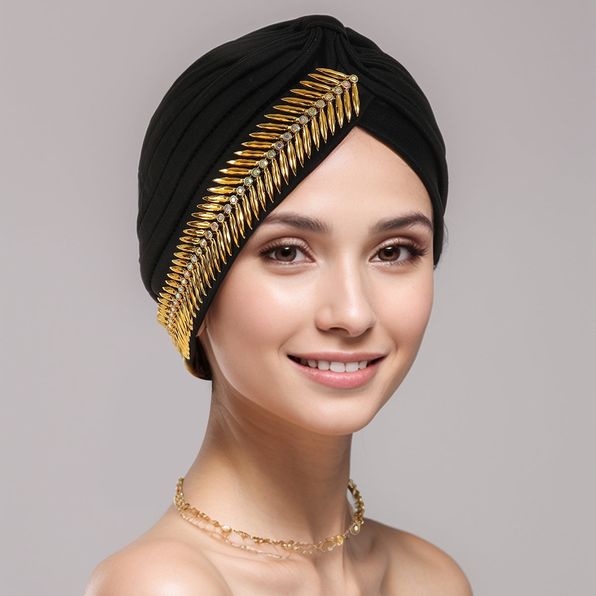 Rhinestone Turban Cap For Women Pleated Elastic Head Wrap Stylish
