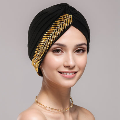 Rhinestone Turban Cap For Women Pleated Elastic Head Wrap Stylish