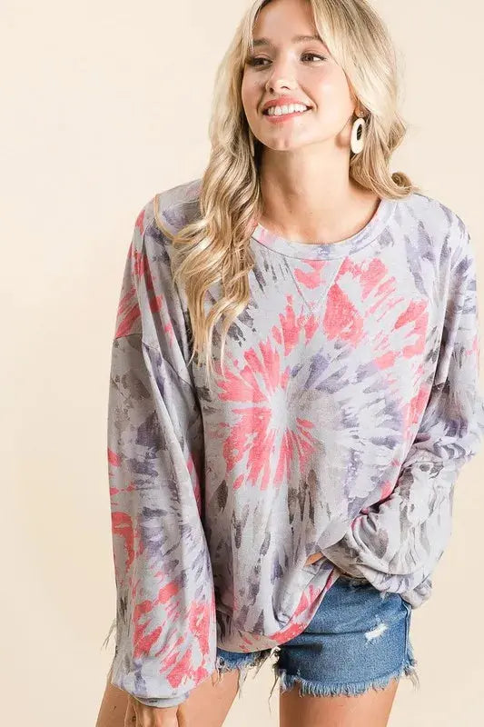 BiBi Tie Dye Print Terry Pull Over Trendsi