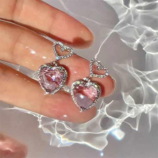 2023 New Light Luxury Premium Feeling Pink Crystal Heart Earrings For Women Girls Niche Design Earrings Birthday Jewellery Gift Easy Bazaar