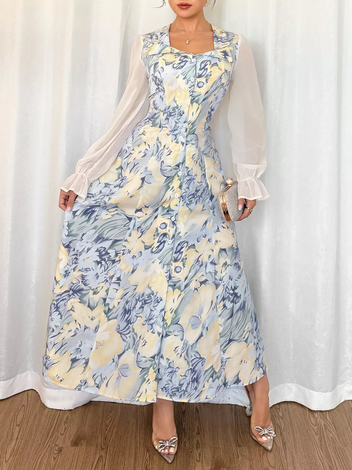 Printed Flounce Sleeves Dress featuring ruffled detail and a flowy design, perfect for summer occasions.
