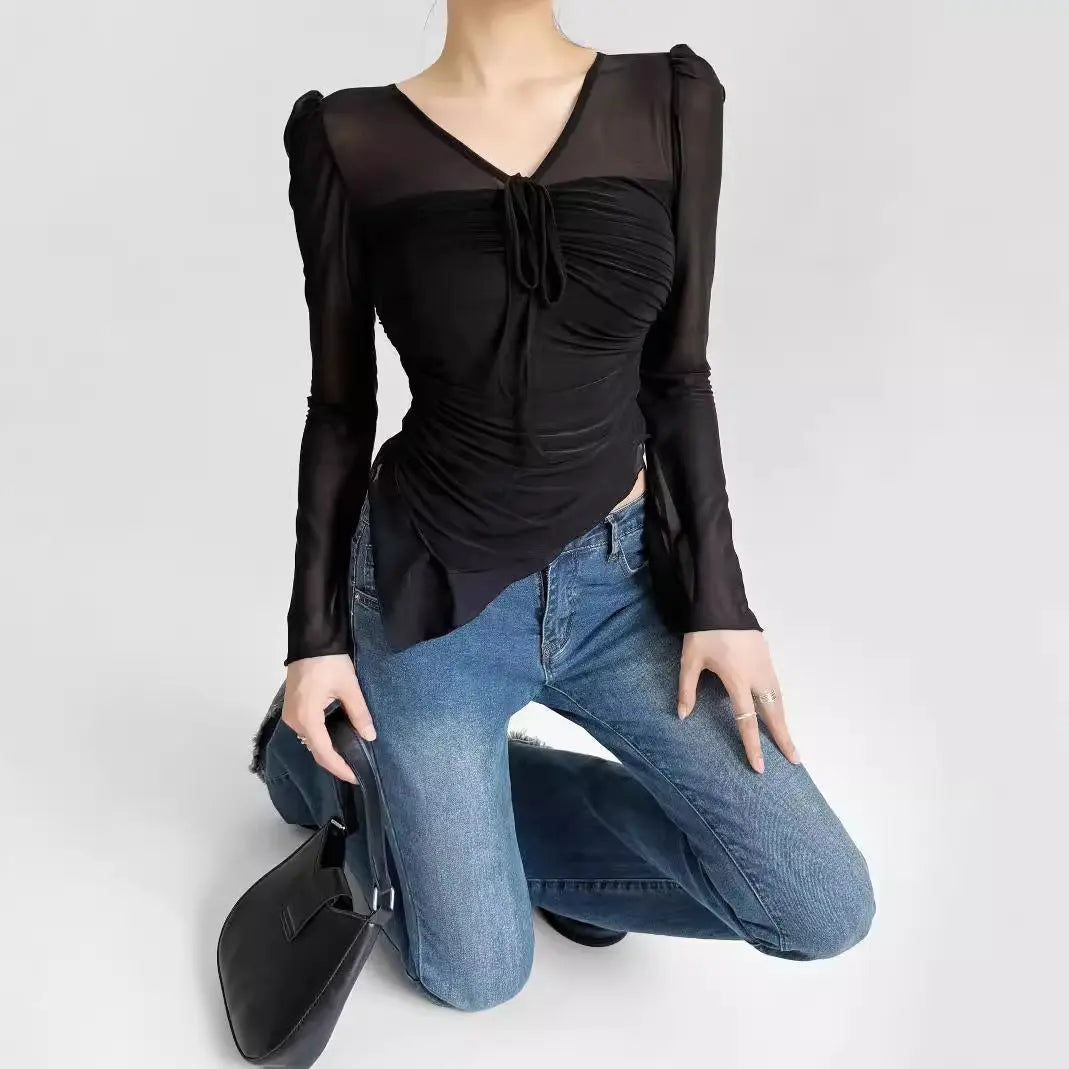V-neck pleated lace up top eprolo