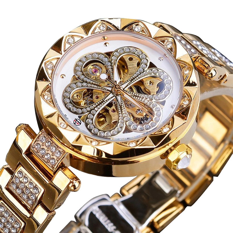 Luxury rhinestone watches gold tone automatic skeleton dial for ladies