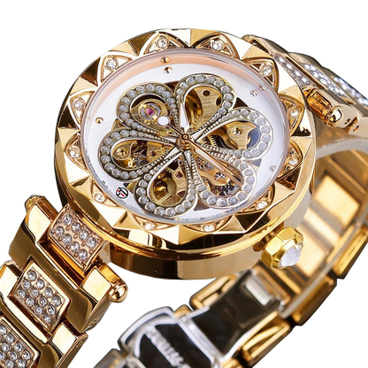 Luxury rhinestone watches gold tone automatic skeleton dial for ladies