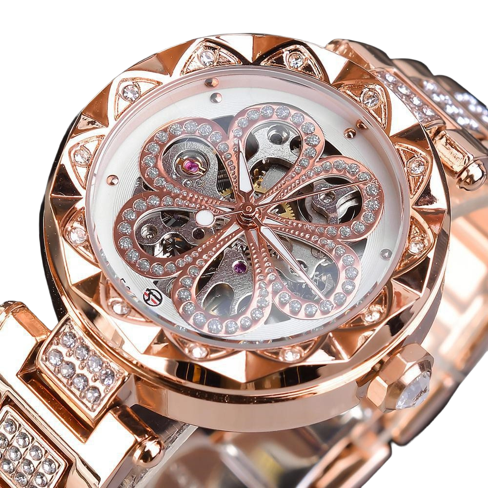  Luxury rhinestone watches ladies rose gold crystal embellished automatic movement