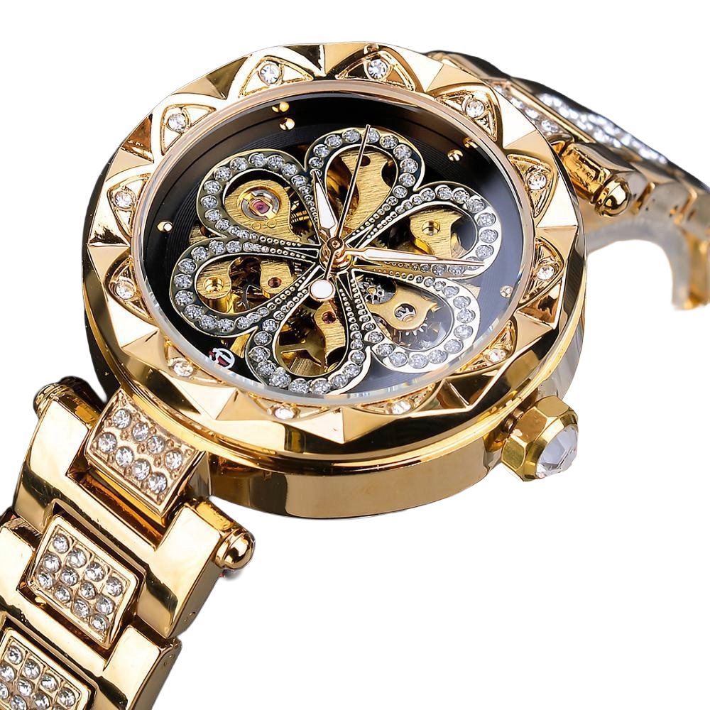 : Luxury rhinestone watches gold automatic ladies skeleton mechanical watch