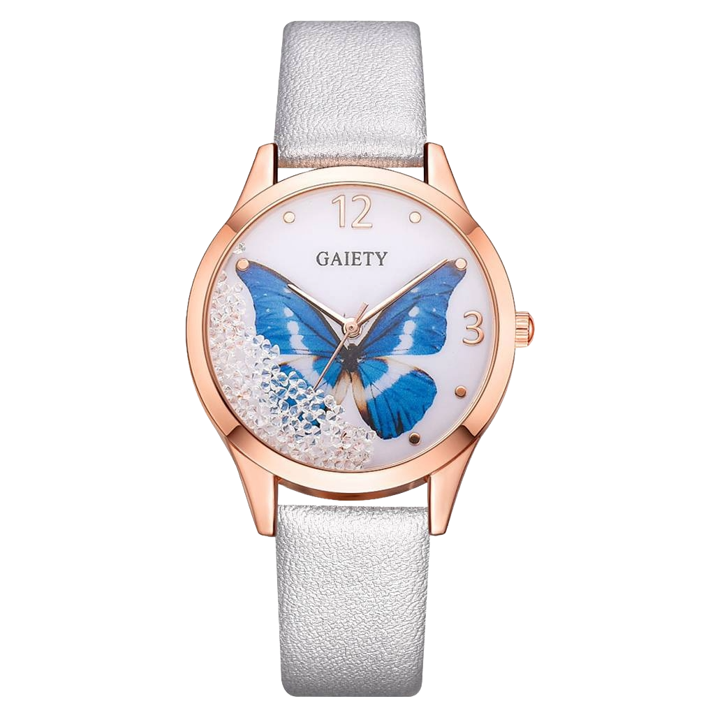  Gaiety Brand butterfly dial leather watch women silver grey strap elegant timepiece