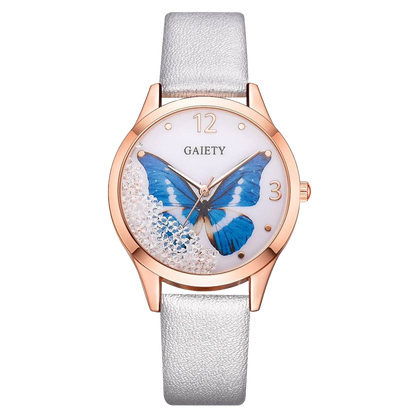  Gaiety Brand butterfly dial leather watch women silver grey strap elegant timepiece