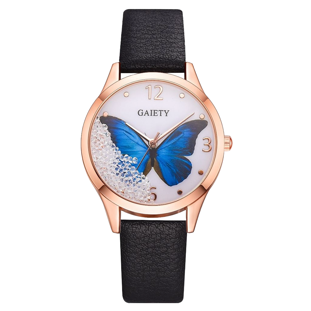 Gaiety Brand butterfly dial watch black leather strap women elegant wrist watch