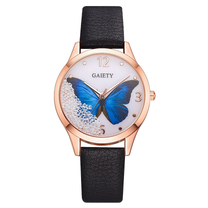 Gaiety Brand butterfly dial watch black leather strap women elegant wrist watch