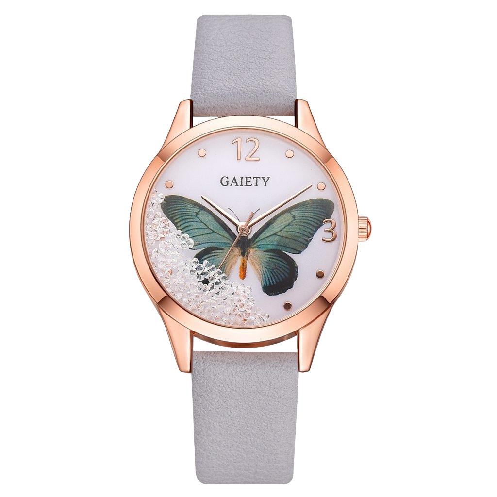 : Gaiety Brand leather strap butterfly watch women grey band fashion timepiece ladies