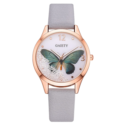 : Gaiety Brand leather strap butterfly watch women grey band fashion timepiece ladies