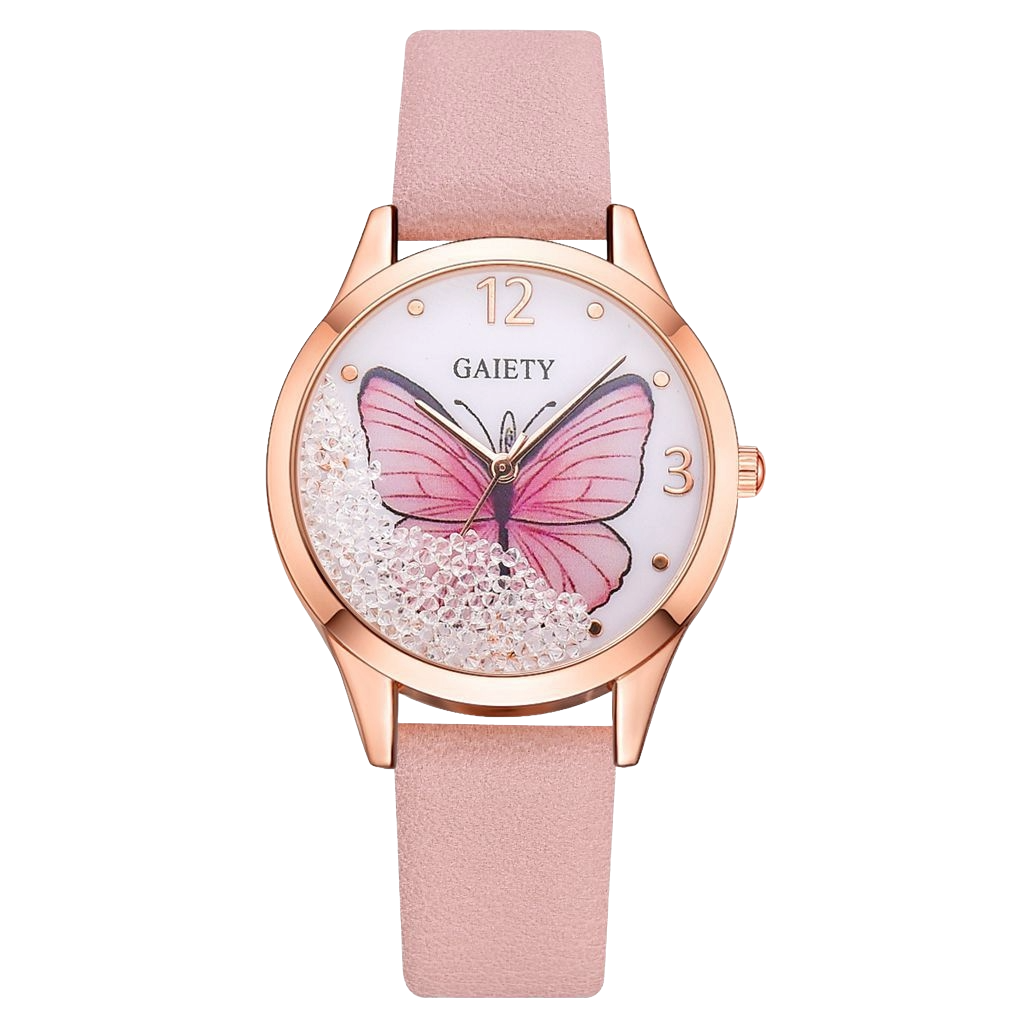  Gaiety Brand butterfly watch women pink leather strap rose gold dial ladies timepiece