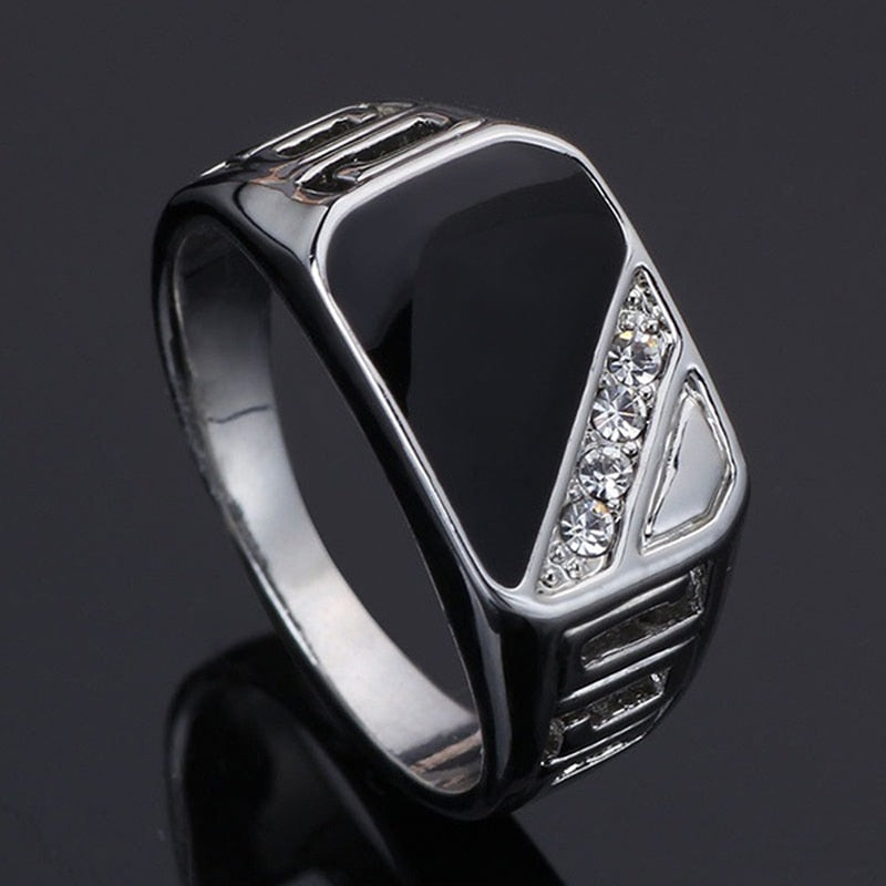 Fashion Male Jewelry Classic Gold Color Rhinestone Wedding Ring Black Enamel Rings For Men Christmas Party Gift