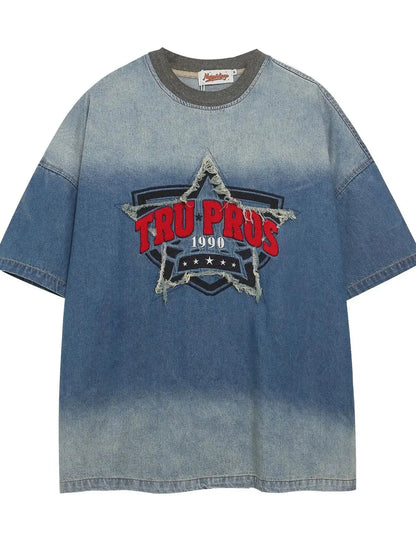 Men's Washed Round Neck Short Sleeve Denim Top Trendsi