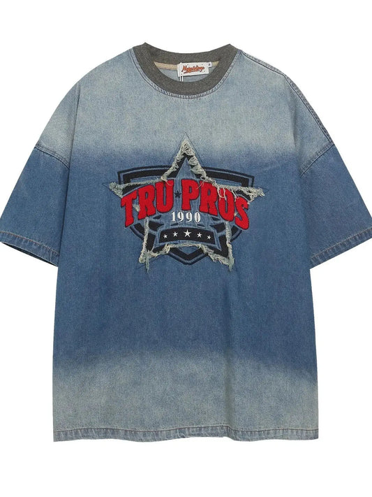 Men's Washed Round Neck Short Sleeve Denim Top Trendsi