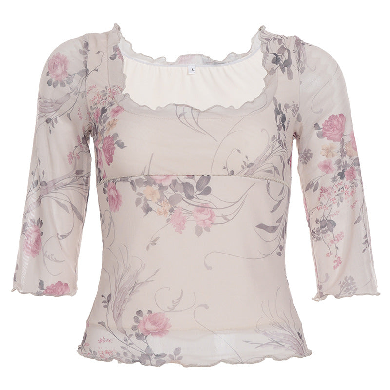 Square collar printed mesh top slim fit T-shirt