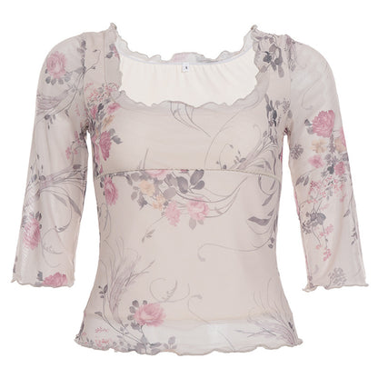 Square collar printed mesh top slim fit T-shirt