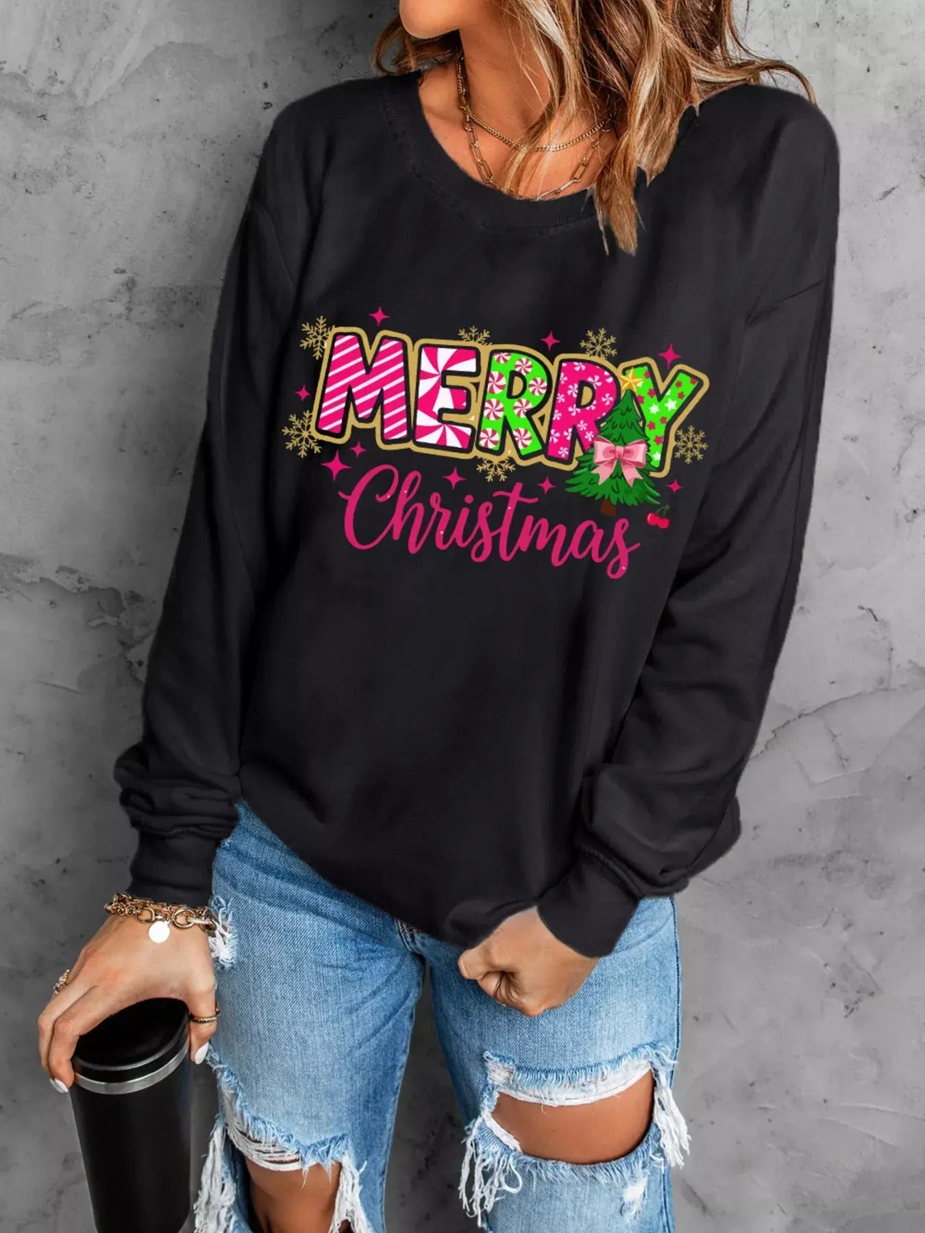 MERRY Christmas Letter Graphic Drop Shoulder Sweatshirt Trendsi