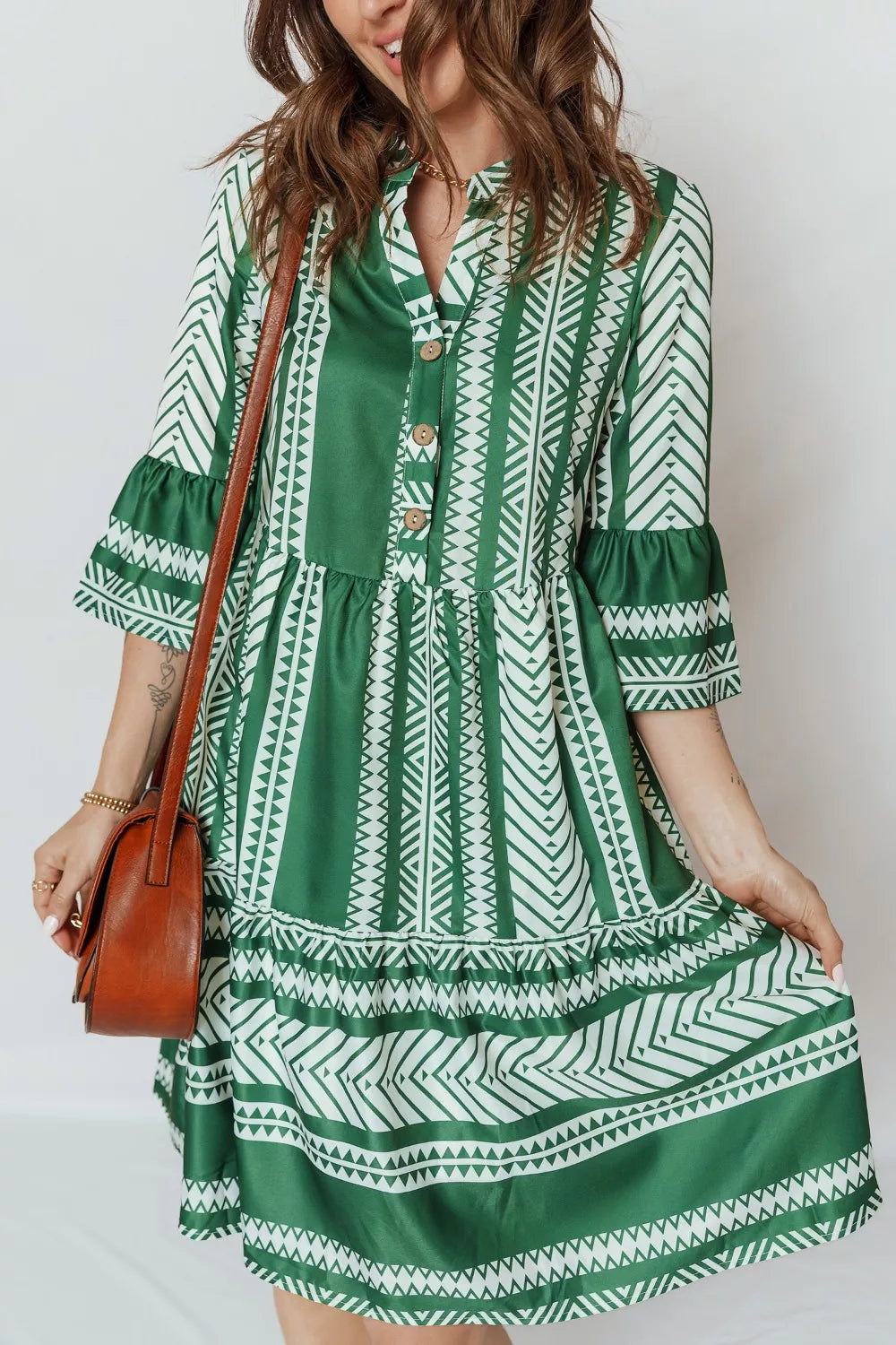 Boho chic printed half button casual dress green ethnic pattern
